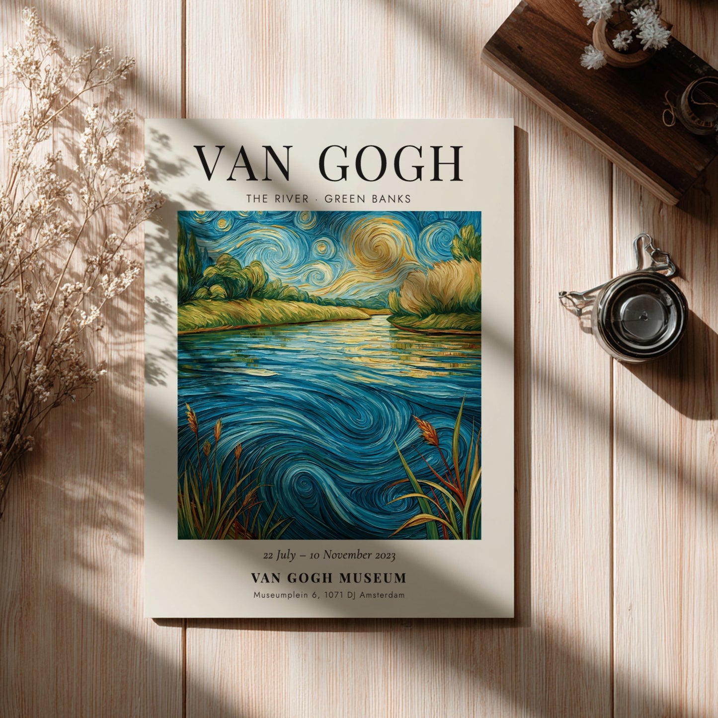 Poster inspired by Van Gogh featuring a serene river scene with vibrant colors and swirling patterns