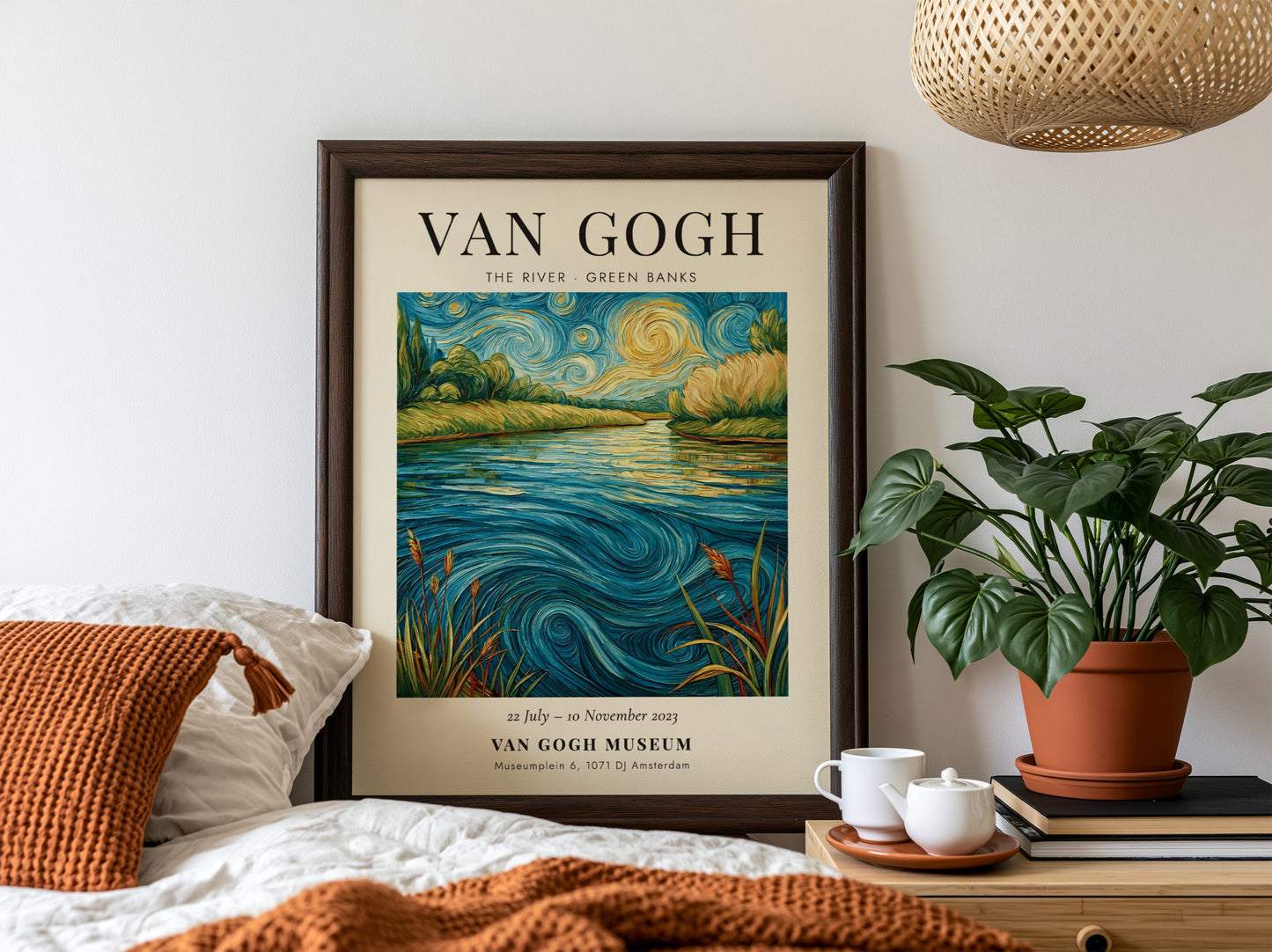 Poster inspired by Van Gogh featuring a serene river scene with vibrant colors and swirling patterns