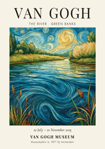Poster inspired by Van Gogh featuring a serene river scene with vibrant colors and swirling patterns