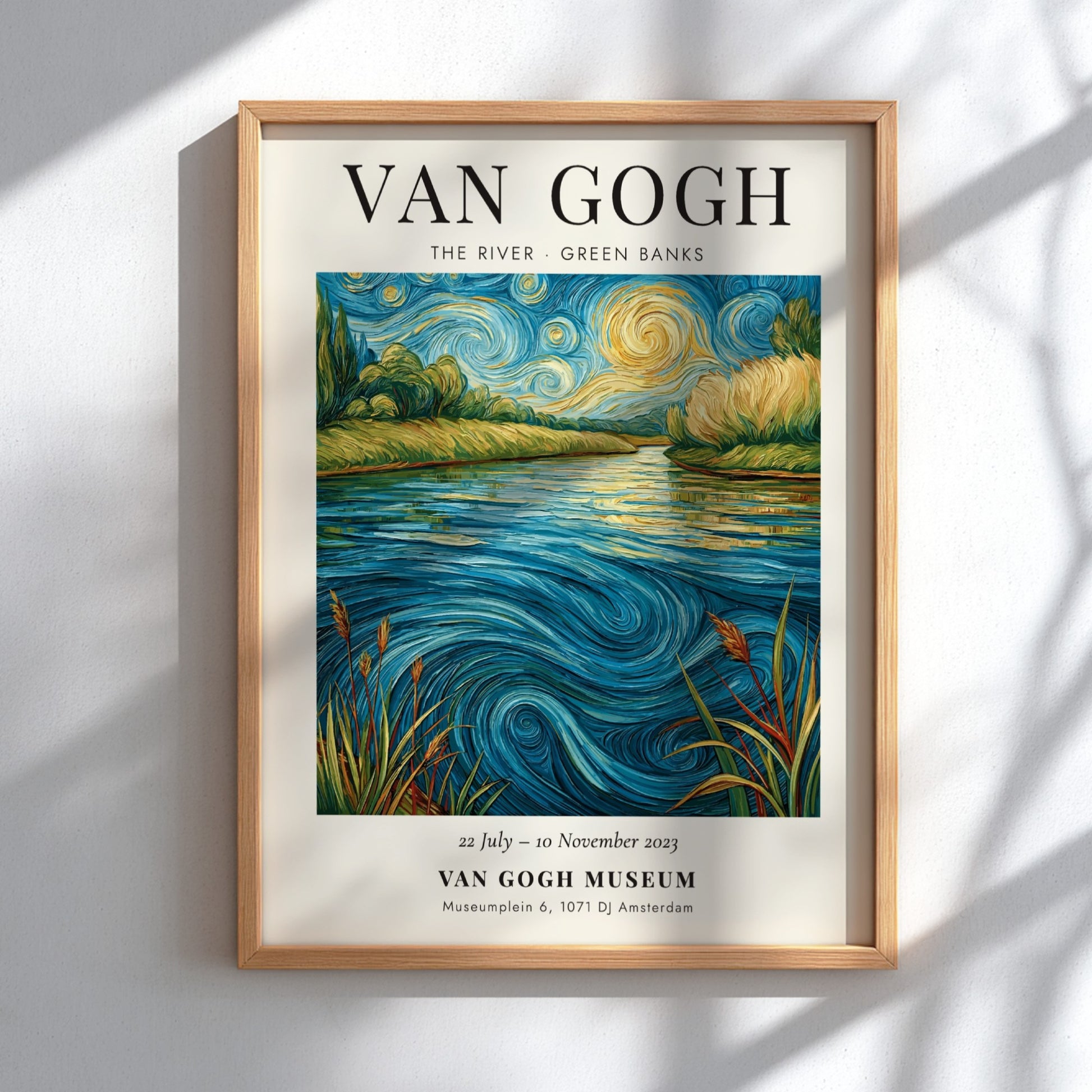 Poster inspired by Van Gogh featuring a serene river scene with vibrant colors and swirling patterns