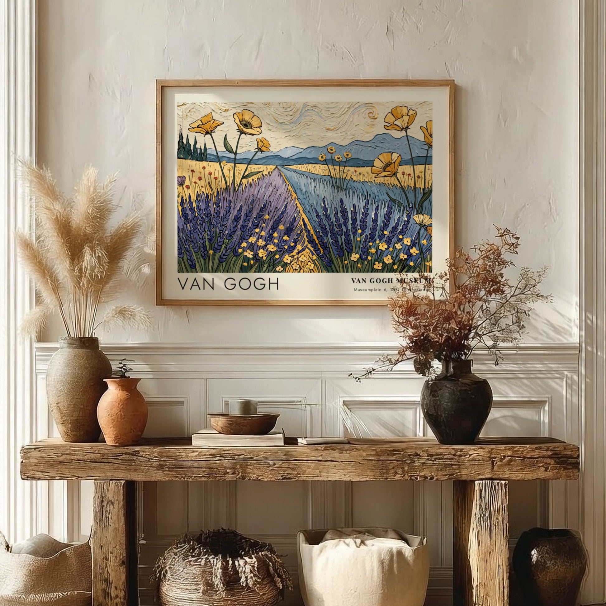 Wall art print of Van Gogh's 'The River' featuring vibrant wildflowers and green banks in a landscape style