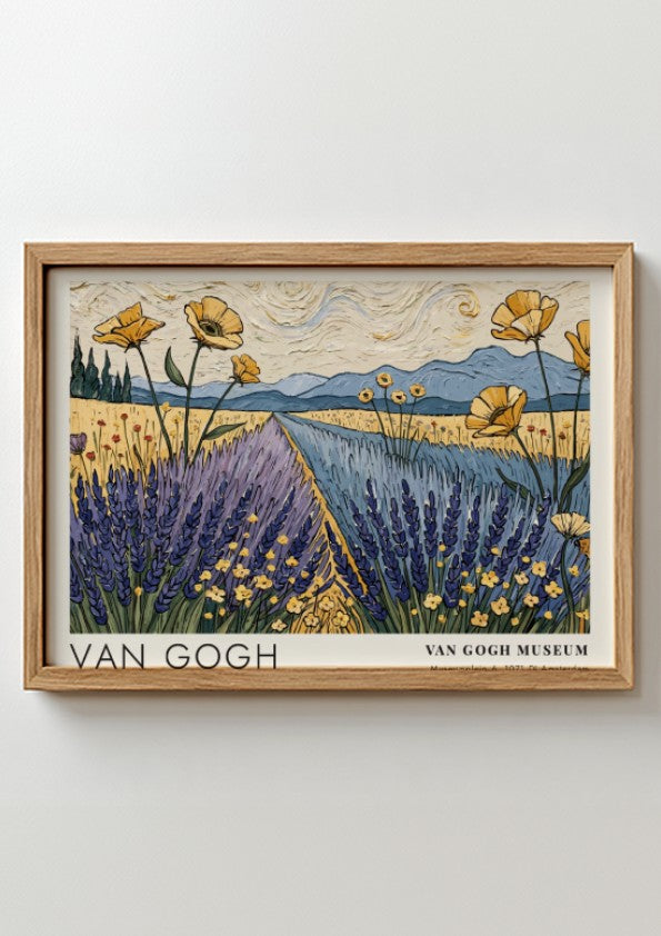 Van Gogh poster featuring vibrant wildflowers and lavender fields in a serene landscape