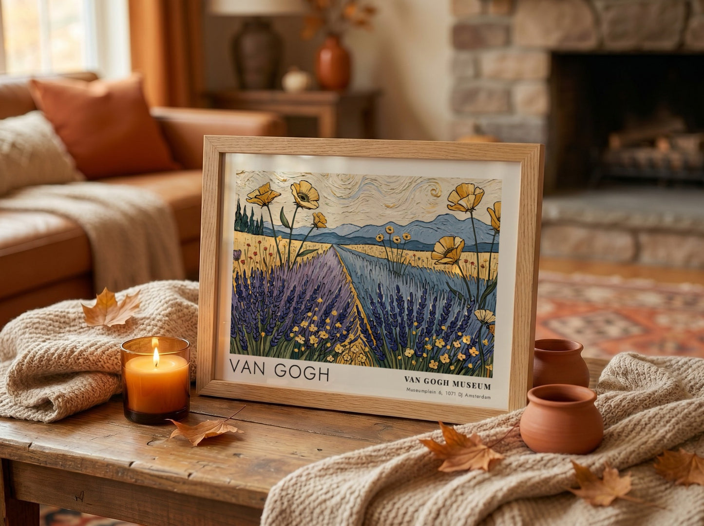 Wall art print of Van Gogh's 'The River' featuring vibrant wildflowers and green banks in a landscape style