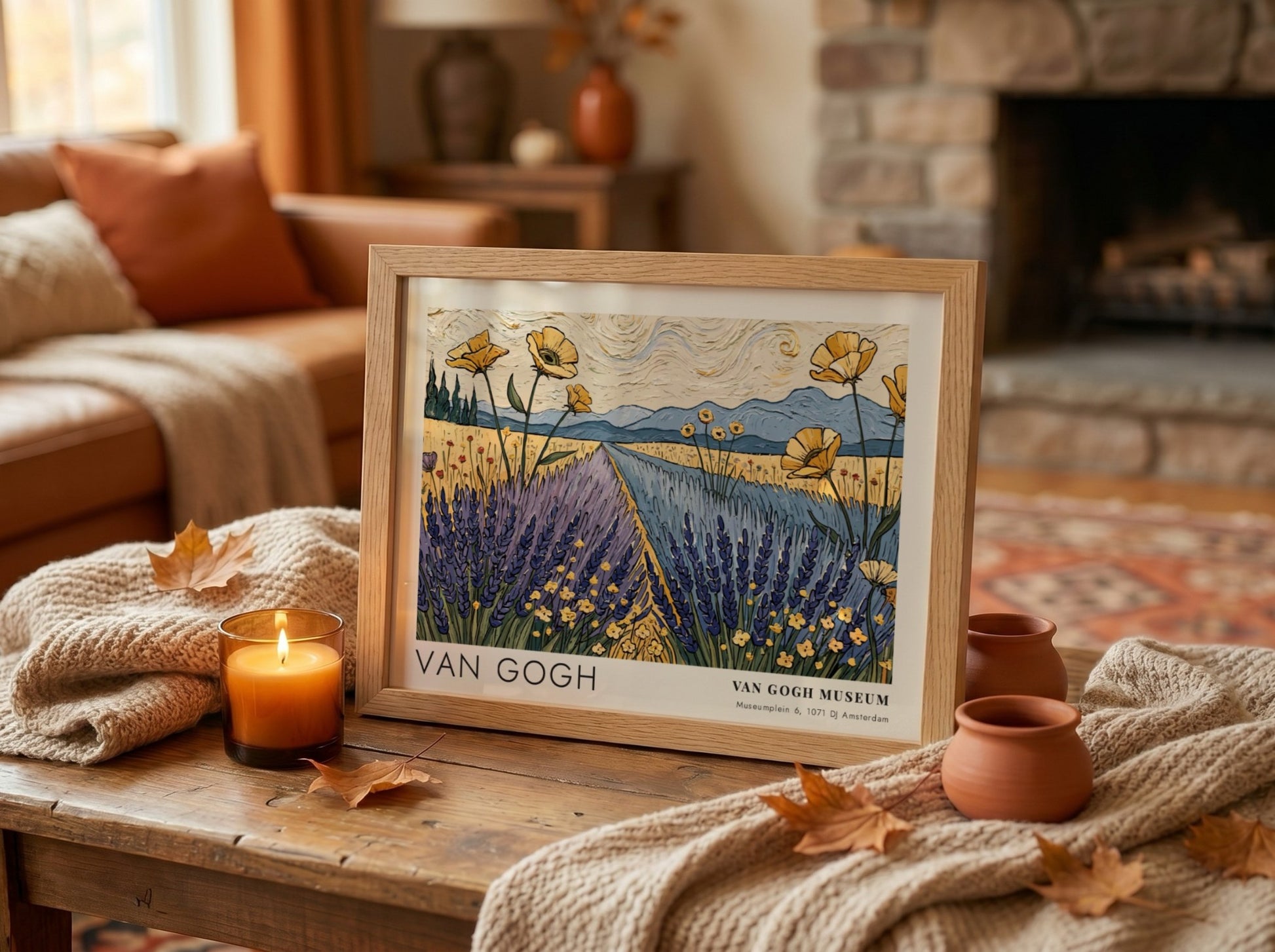 Wall art print of Van Gogh's 'The River' featuring vibrant wildflowers and green banks in a landscape style