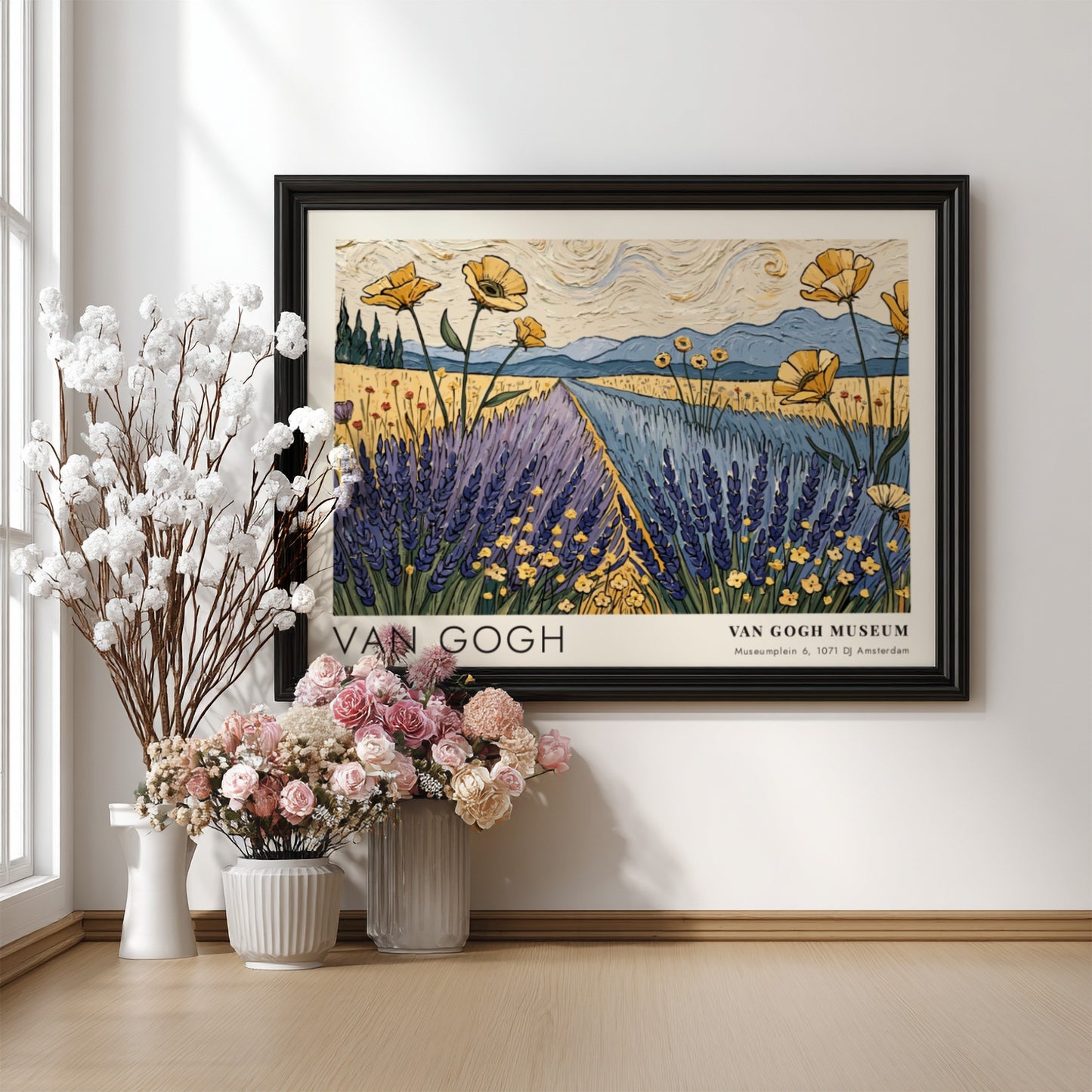 Van Gogh poster featuring vibrant wildflowers and lavender fields in a serene landscape
