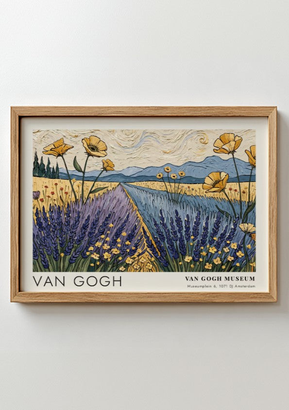 Wall art print of Van Gogh's 'The River' featuring vibrant wildflowers and green banks in a landscape style