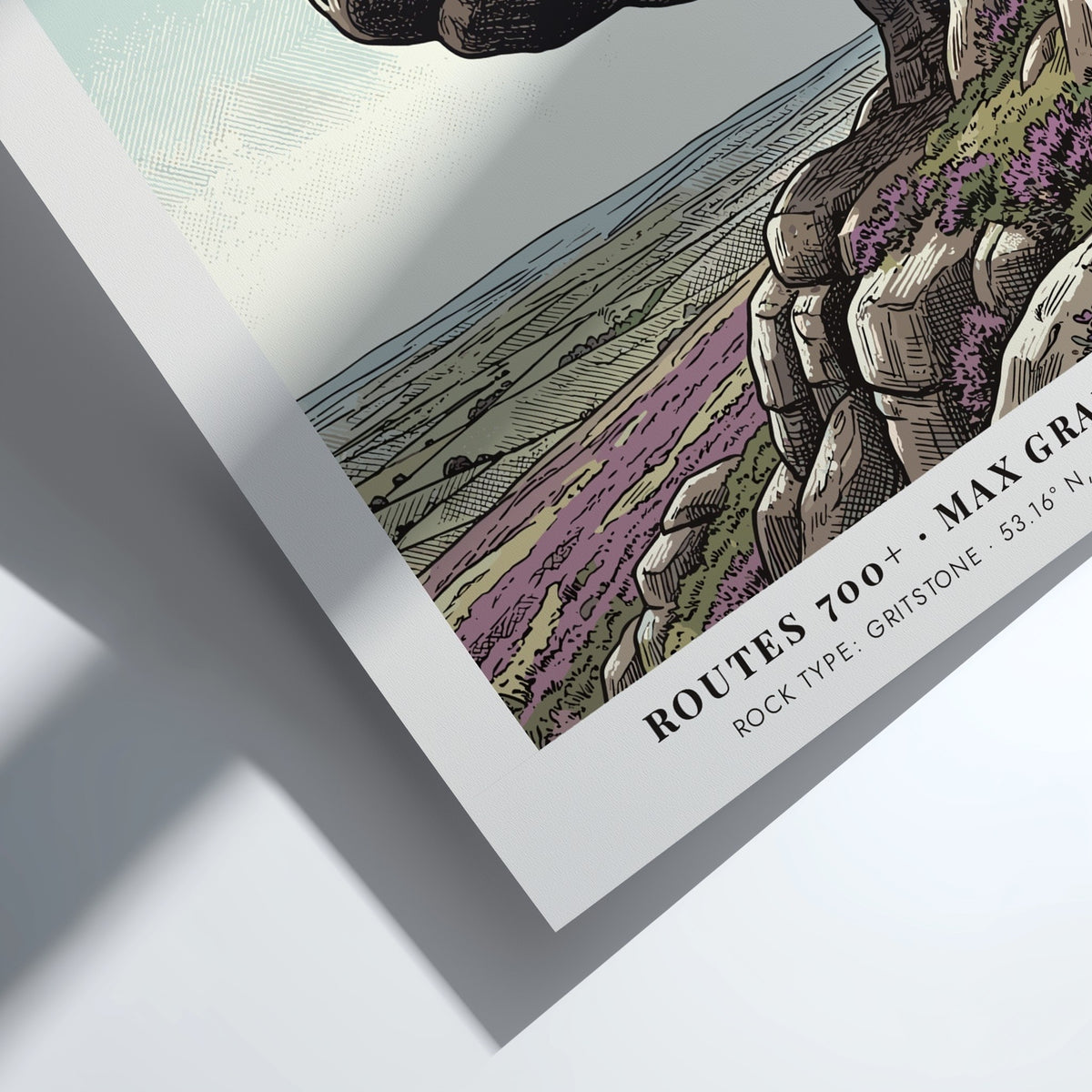 Poster of a rock climber on The Roaches cliff with purple heather landscape