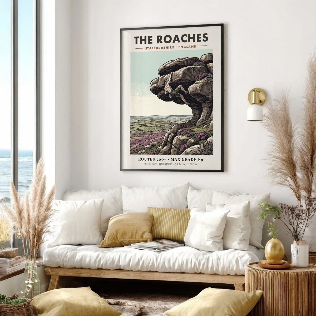 Poster of a rock climber on The Roaches cliff with purple heather landscape