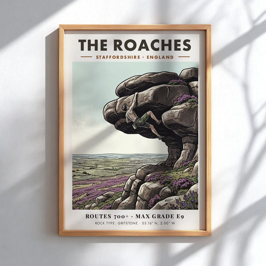 Poster of a rock climber on The Roaches cliff with purple heather landscape