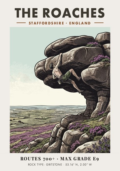 Poster of a rock climber on The Roaches cliff with purple heather landscape