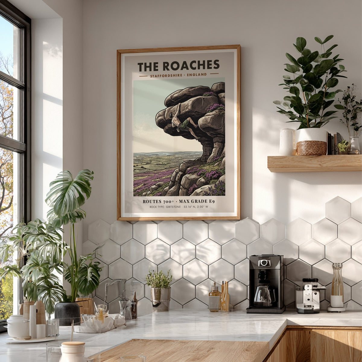 Poster of a rock climber on The Roaches cliff with purple heather landscape