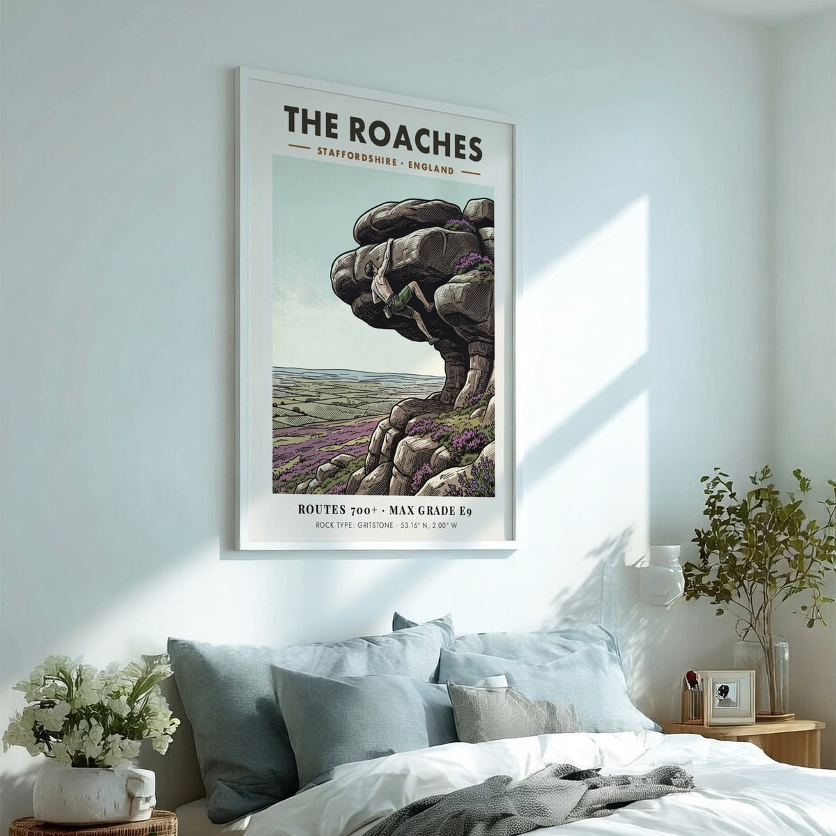 Poster of a rock climber on The Roaches cliff with purple heather landscape