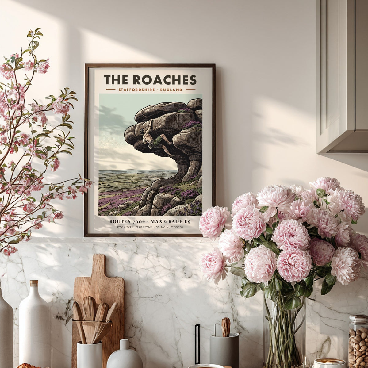 Poster of a rock climber on The Roaches cliff with purple heather landscape