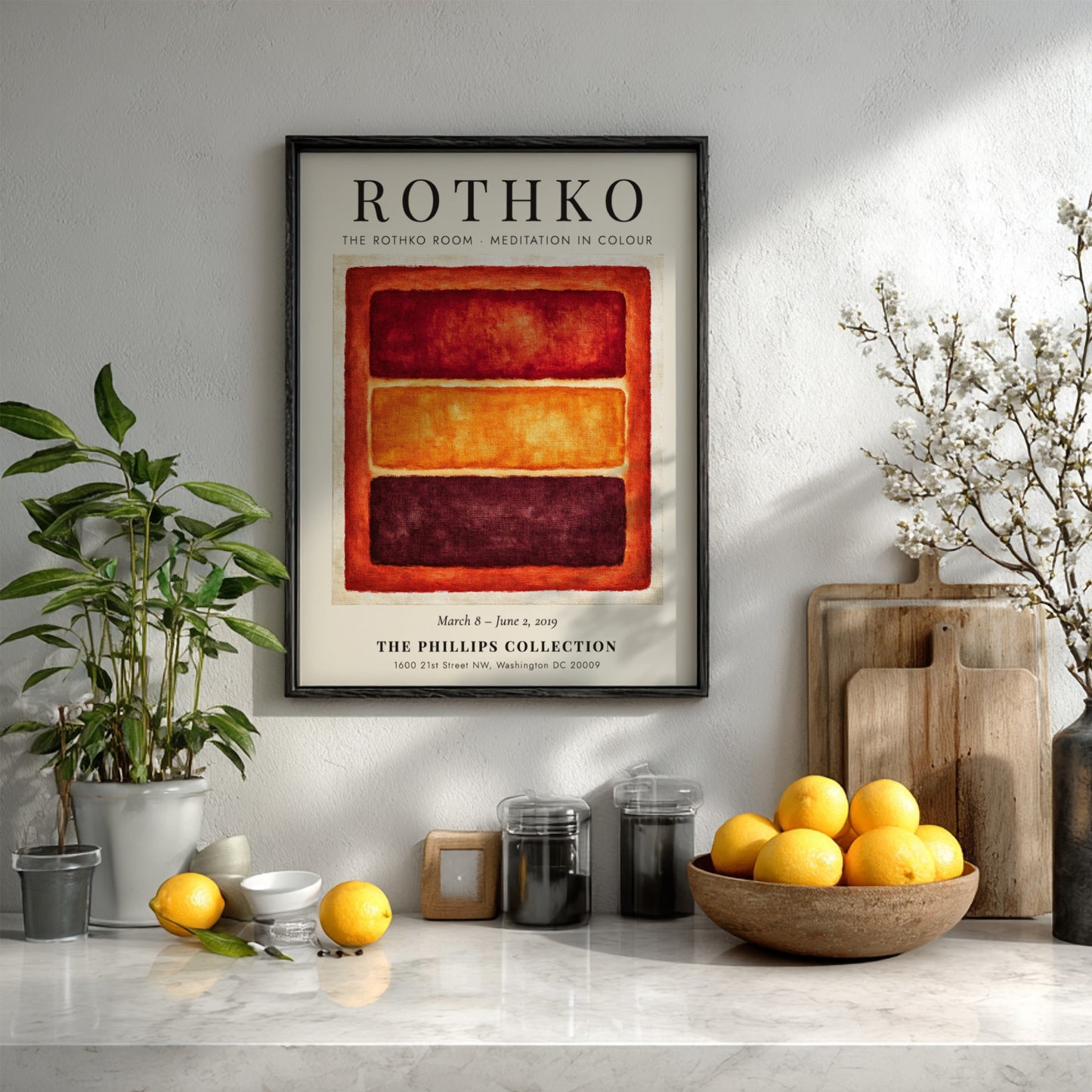 Wall art poster featuring Mark Rothko's Meditation in Colour with orange and red blocks.
