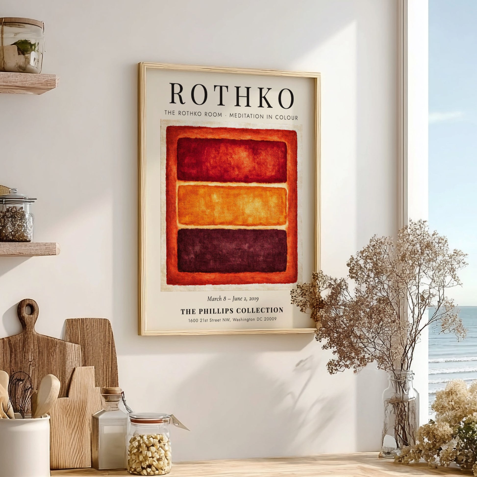 Wall art poster featuring Mark Rothko's Meditation in Colour with orange and red blocks.