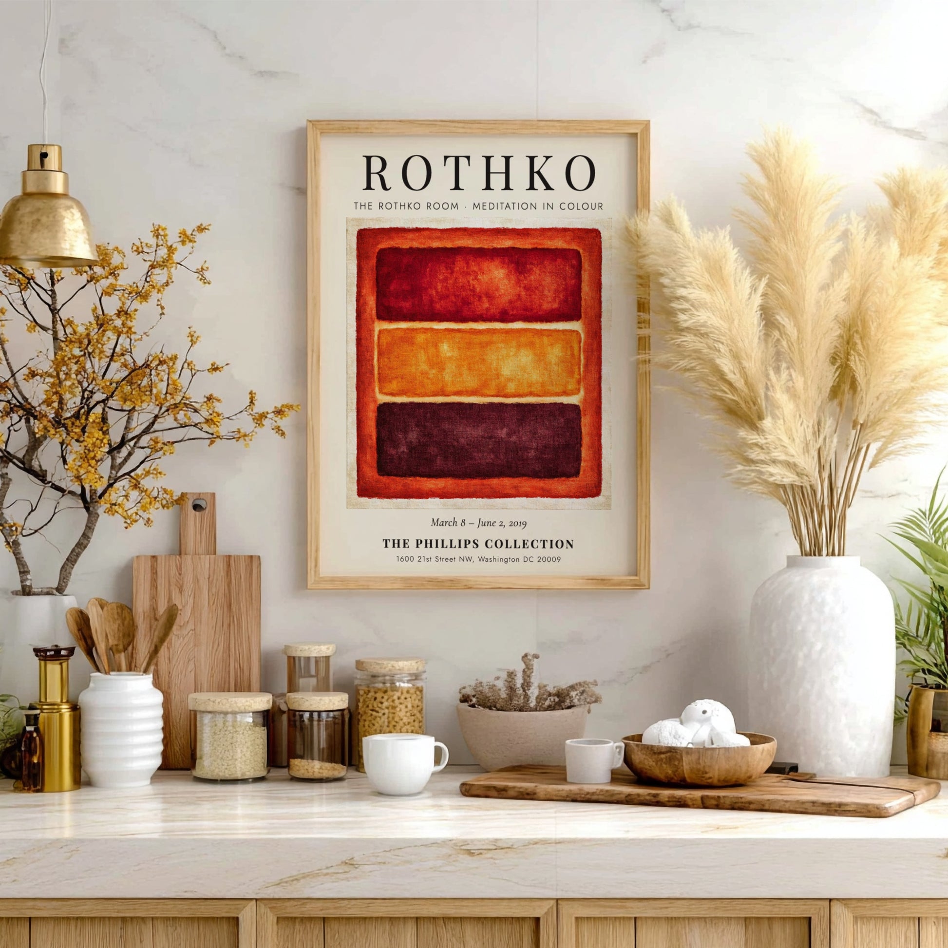 Wall art poster featuring Mark Rothko's Meditation in Colour with orange and red blocks.