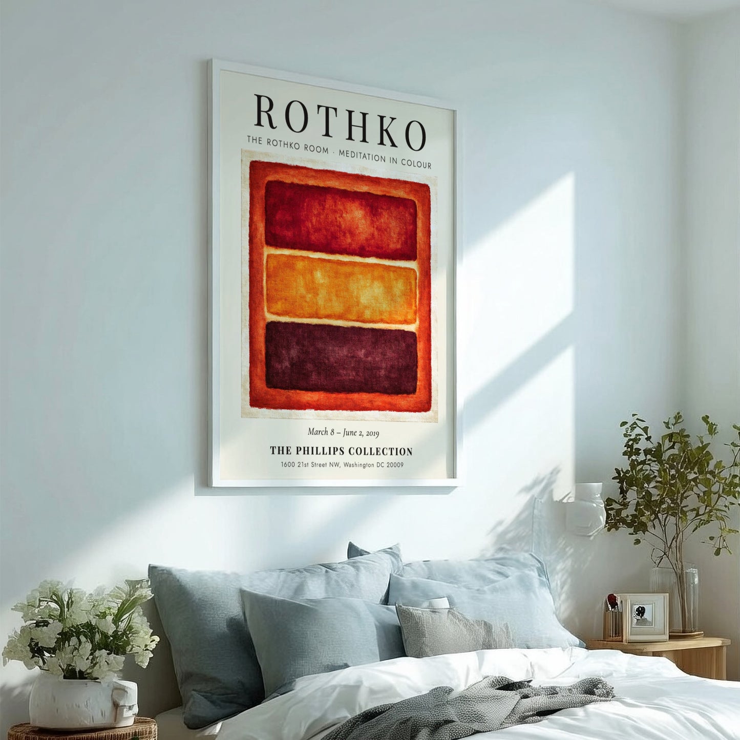 Wall art poster featuring Mark Rothko's Meditation in Colour with orange and red blocks.