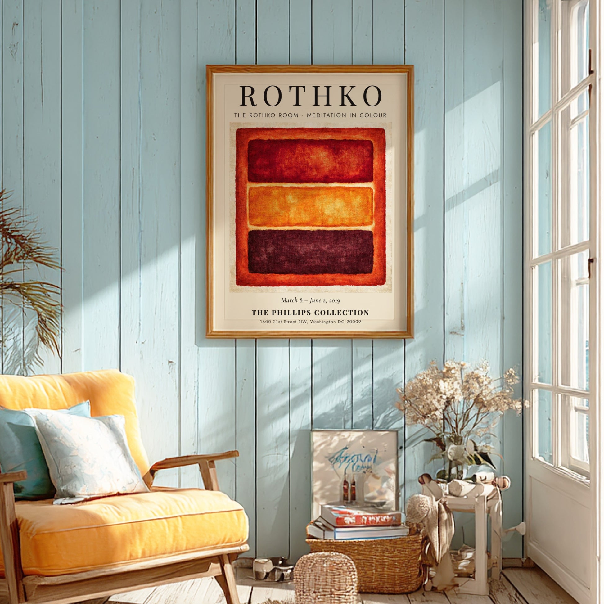 Wall art poster featuring Mark Rothko's Meditation in Colour with orange and red blocks.