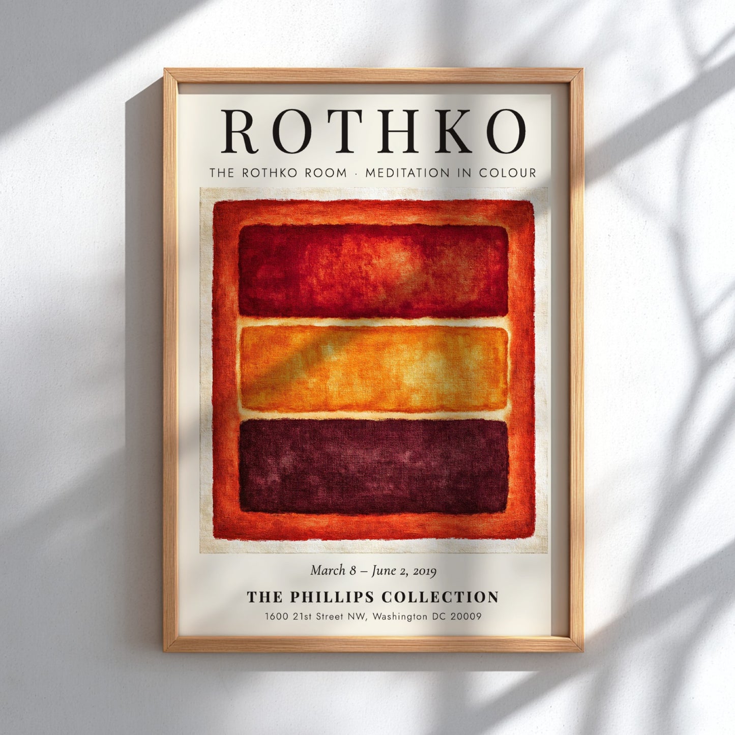 Wall art poster featuring Mark Rothko's Meditation in Colour with orange and red blocks.