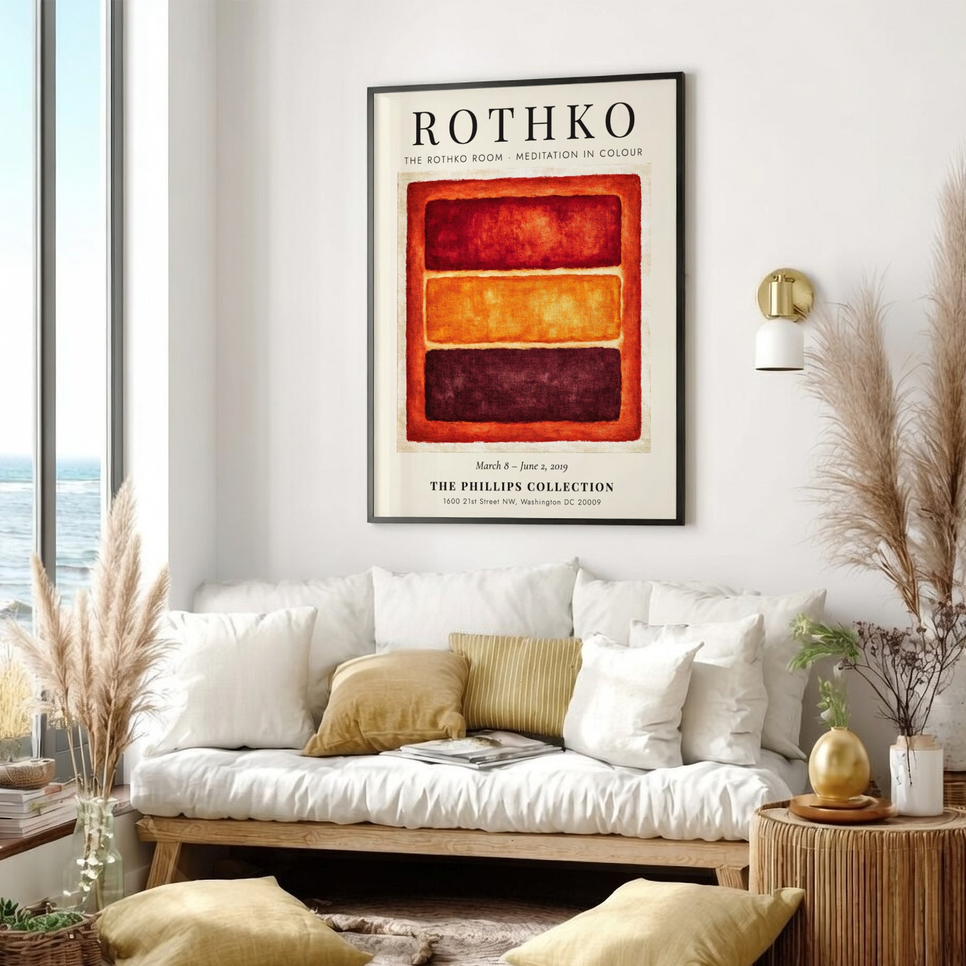 Wall art poster featuring Mark Rothko's Meditation in Colour with orange and red blocks.