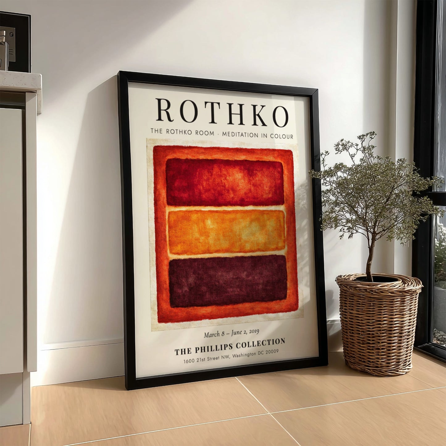 Wall art poster featuring Mark Rothko's Meditation in Colour with orange and red blocks.