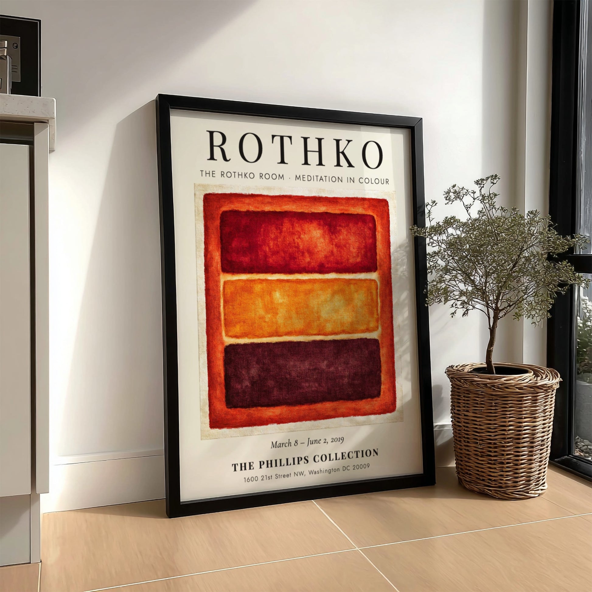 Wall art poster featuring Mark Rothko's Meditation in Colour with orange and red blocks.