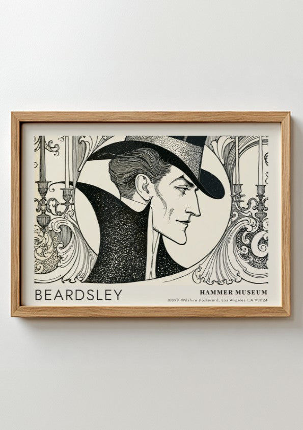 Wall art poster featuring an Aubrey Beardsley portrait with black ink on cream.