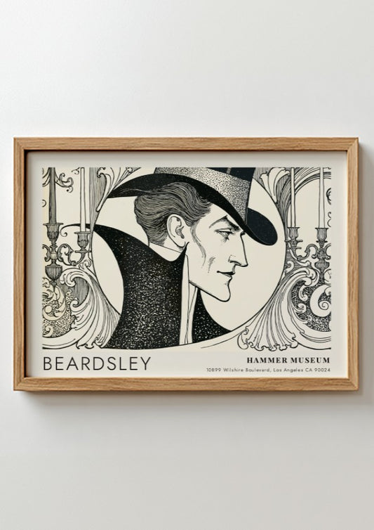 Wall art poster featuring an Aubrey Beardsley portrait with black ink on cream.