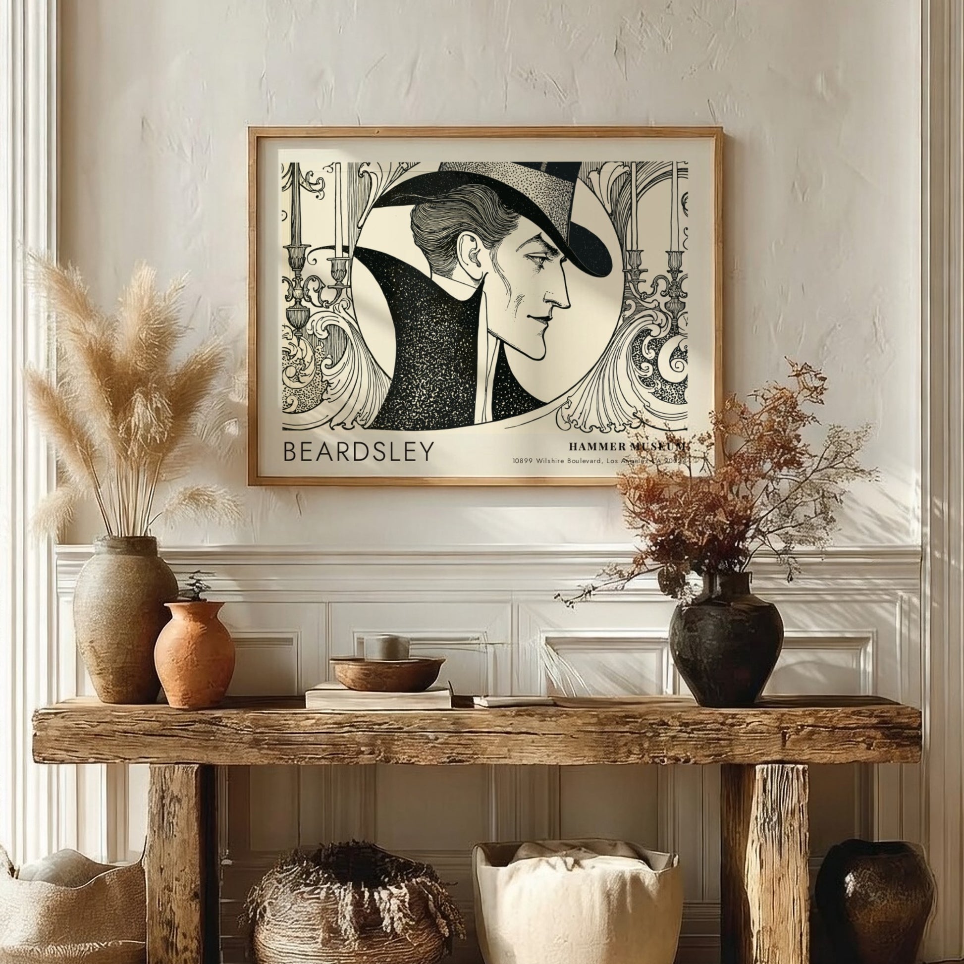Wall art poster featuring an Aubrey Beardsley portrait with black ink on cream.