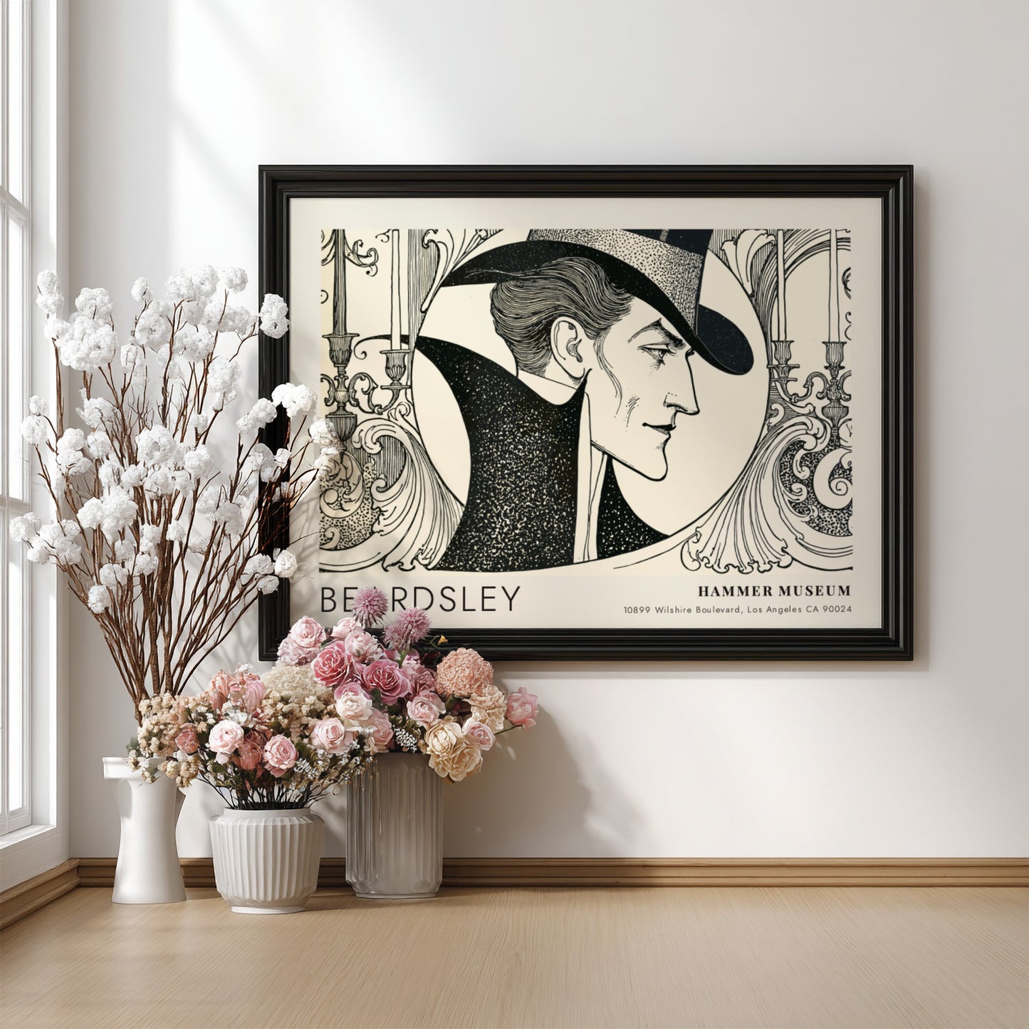 Wall art poster featuring an Aubrey Beardsley portrait with black ink on cream.