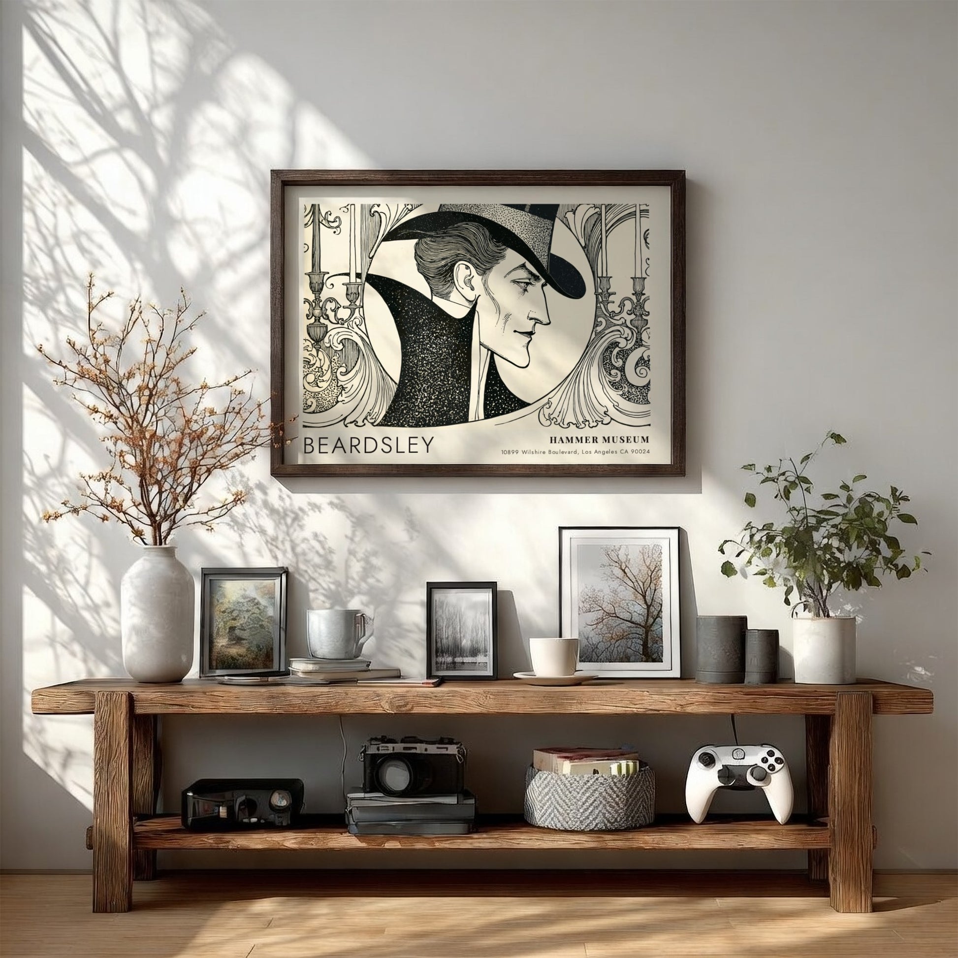 Wall art poster featuring an Aubrey Beardsley portrait with black ink on cream.