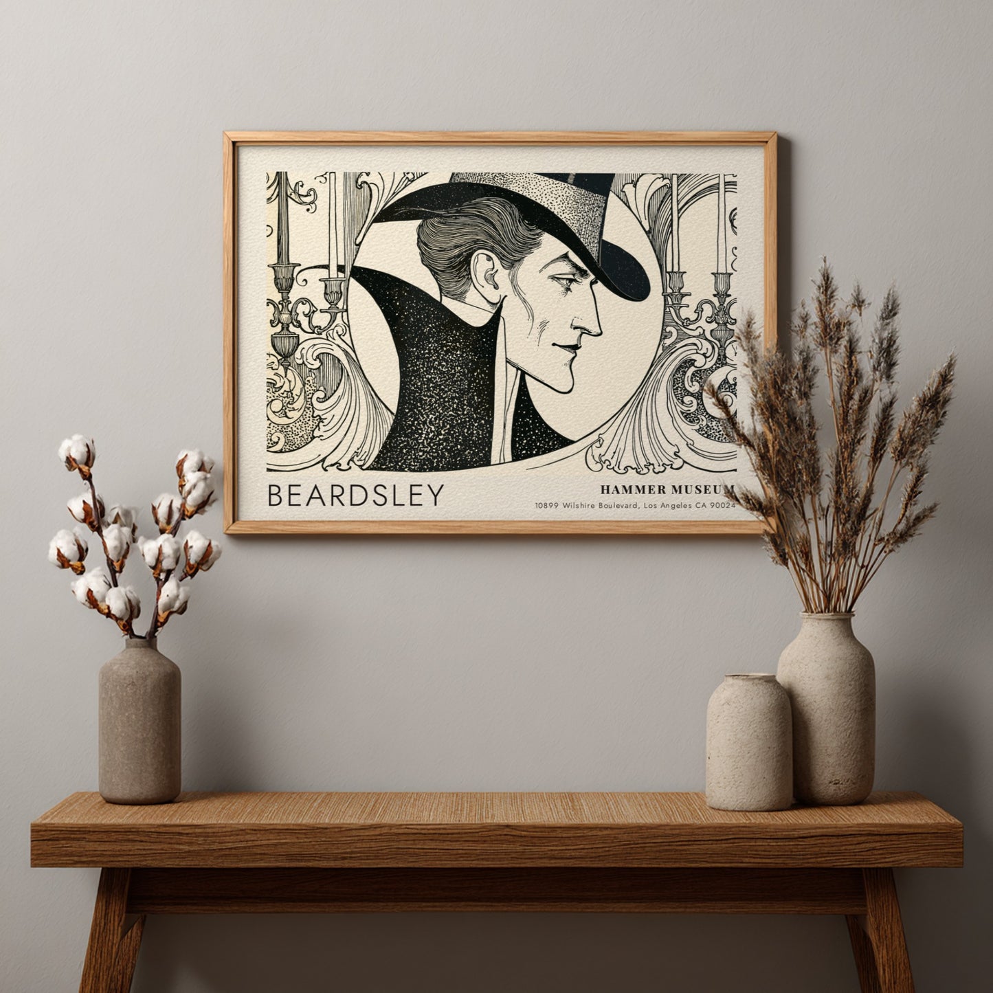 Wall art poster featuring an Aubrey Beardsley portrait with black ink on cream.