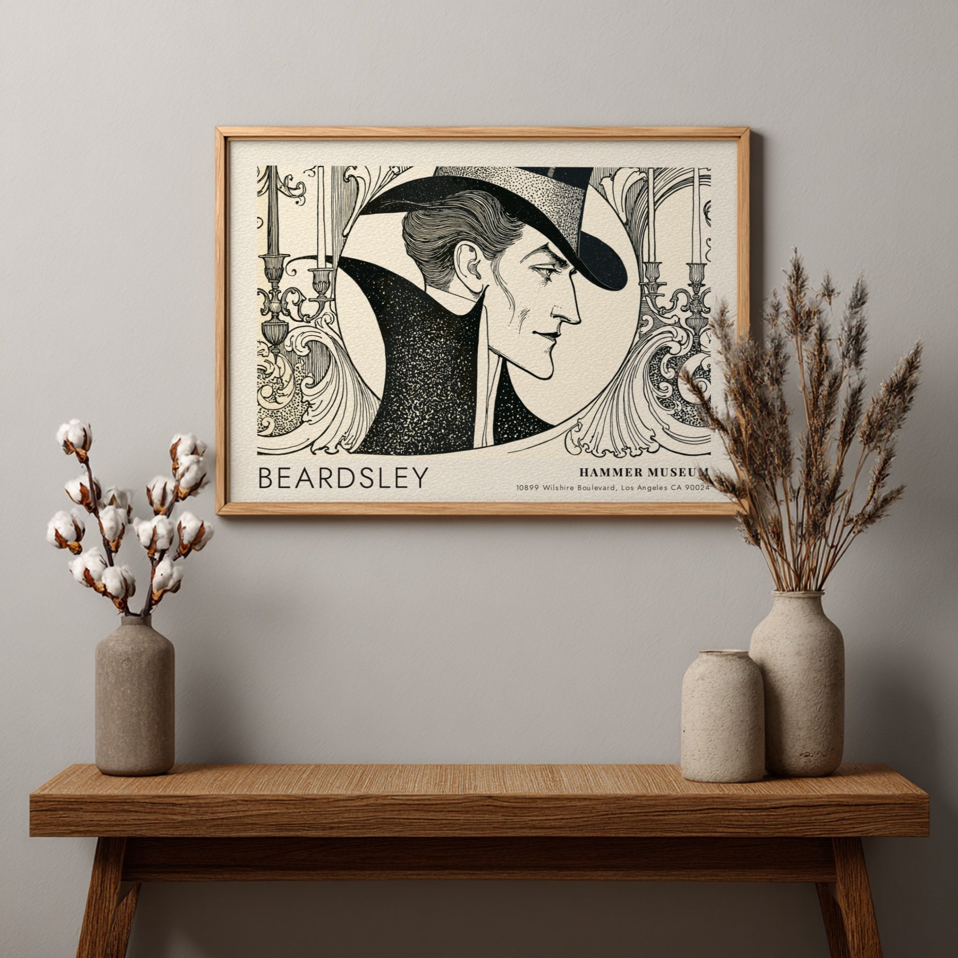 Wall art poster featuring an Aubrey Beardsley portrait with black ink on cream.