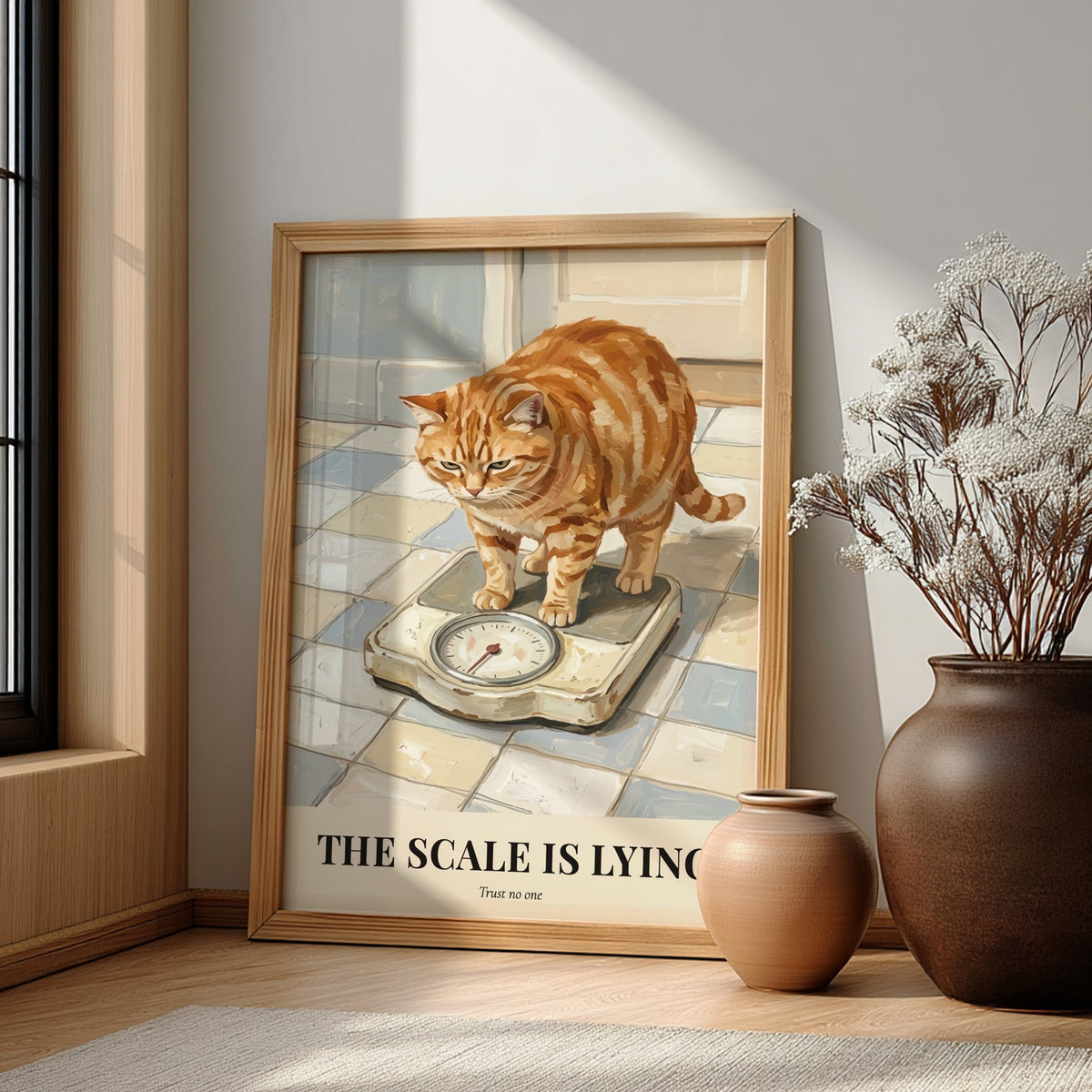 Poster of a grumpy ginger cat looking at a bathroom scale on tiles