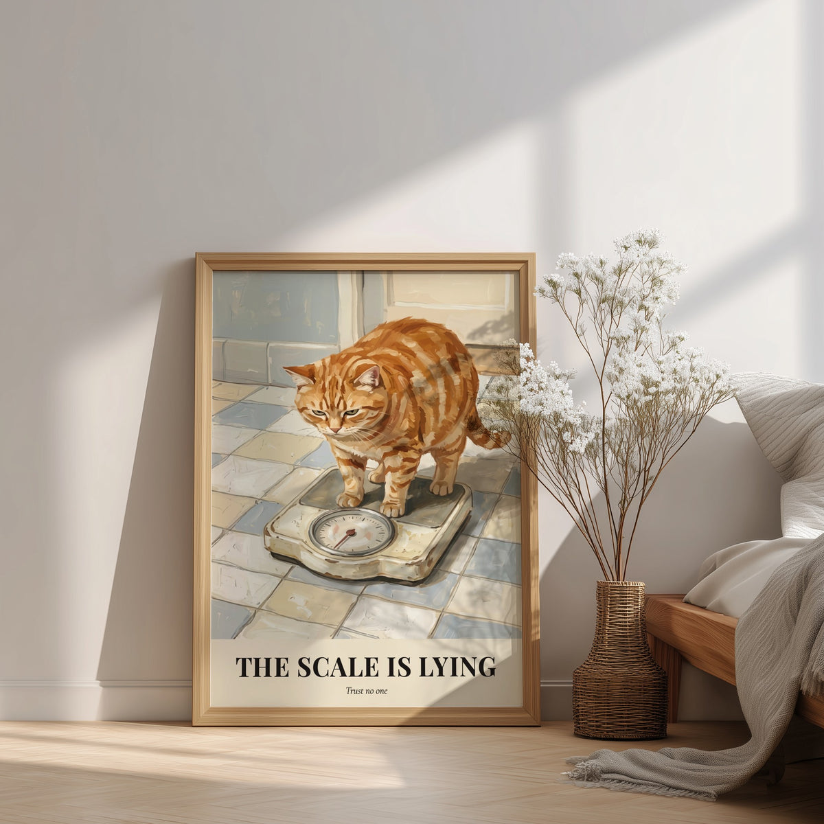 Poster of a grumpy ginger cat looking at a bathroom scale on tiles