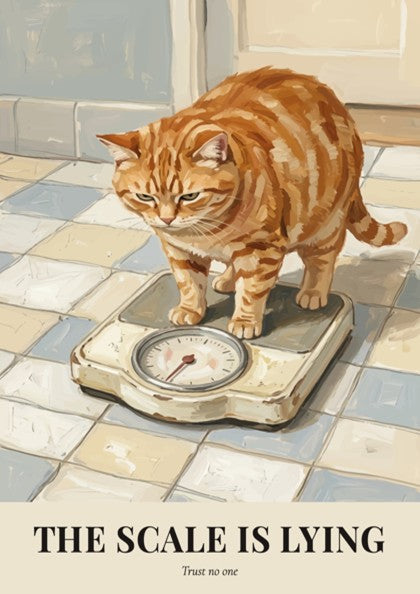 Poster of a grumpy ginger cat looking at a bathroom scale on tiles
