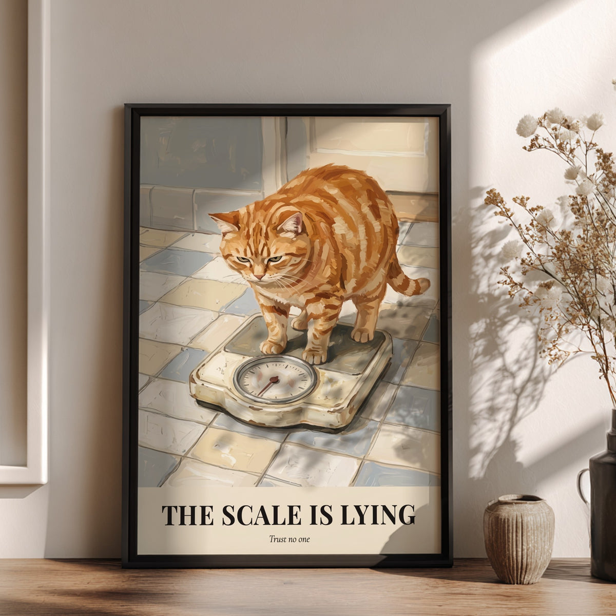 Poster of a grumpy ginger cat looking at a bathroom scale on tiles