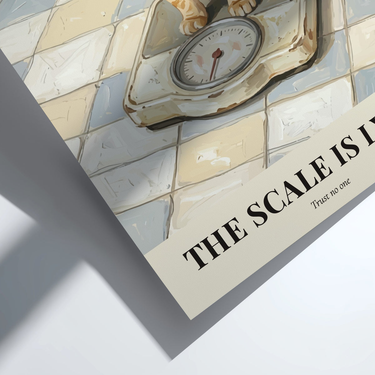 Poster of a grumpy ginger cat looking at a bathroom scale on tiles