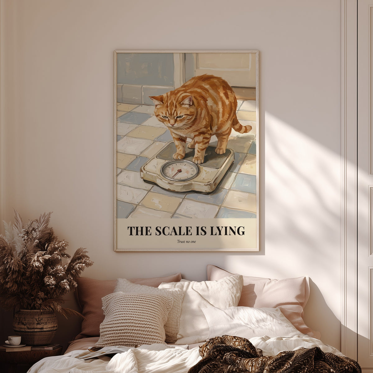 Poster of a grumpy ginger cat looking at a bathroom scale on tiles