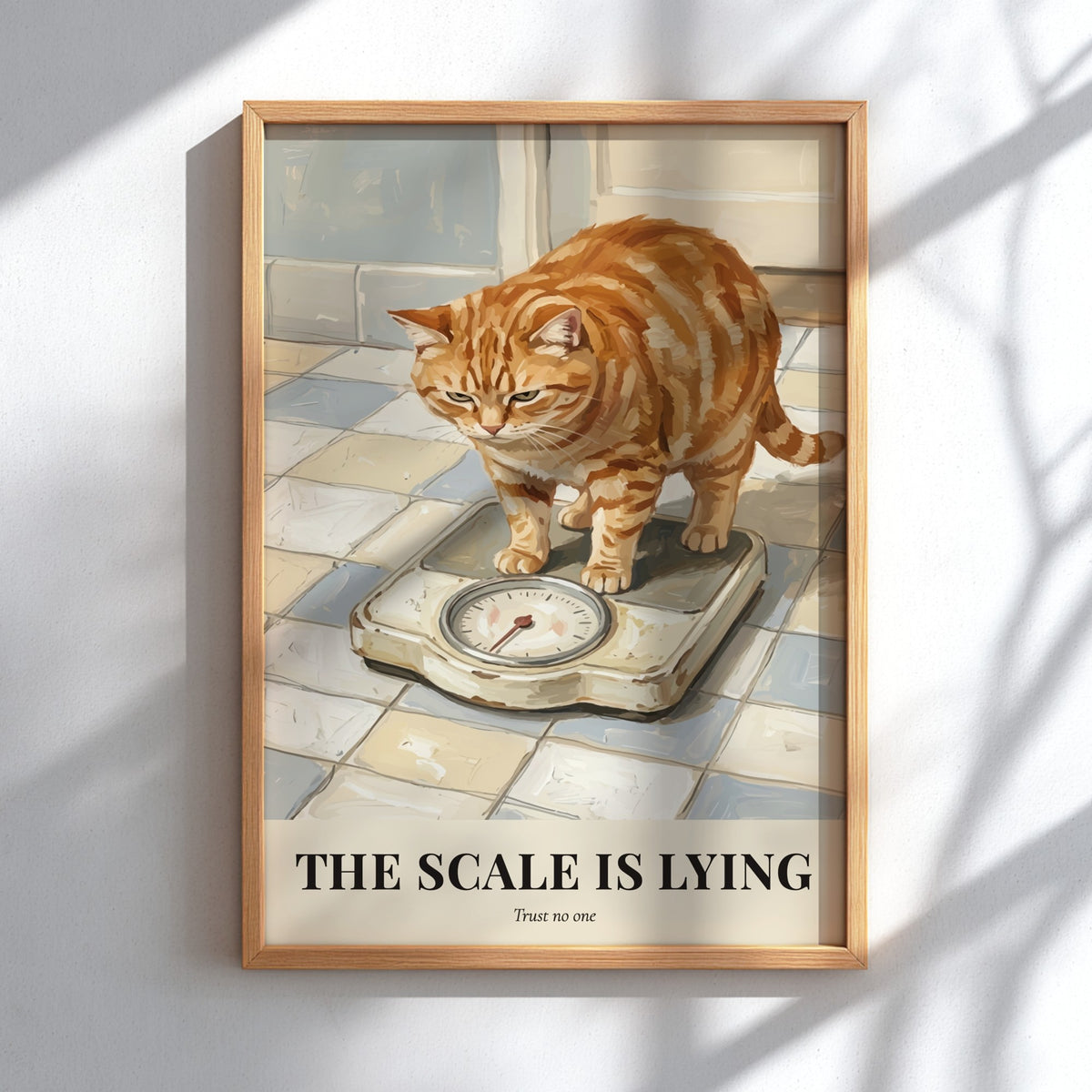Poster of a grumpy ginger cat looking at a bathroom scale on tiles