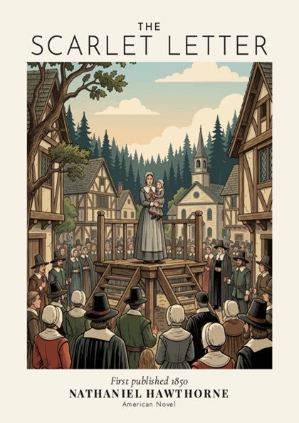 Poster featuring Hester Prynne on a wooden platform in a colonial village setting.