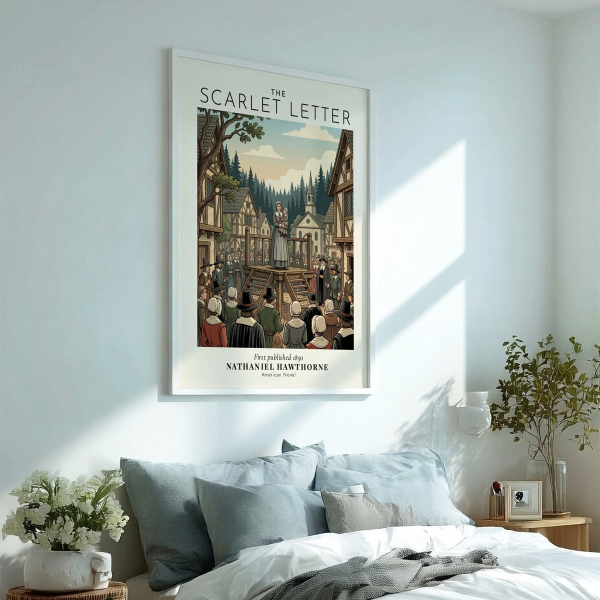Poster featuring Hester Prynne on a wooden platform in a colonial village setting.