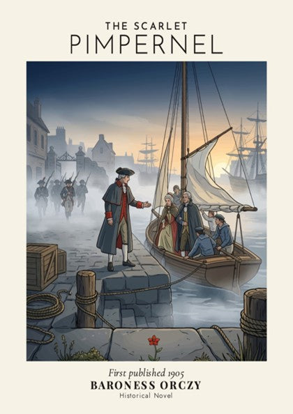 Poster featuring The Scarlet Pimpernel title with a boat escaping from soldiers at docks.