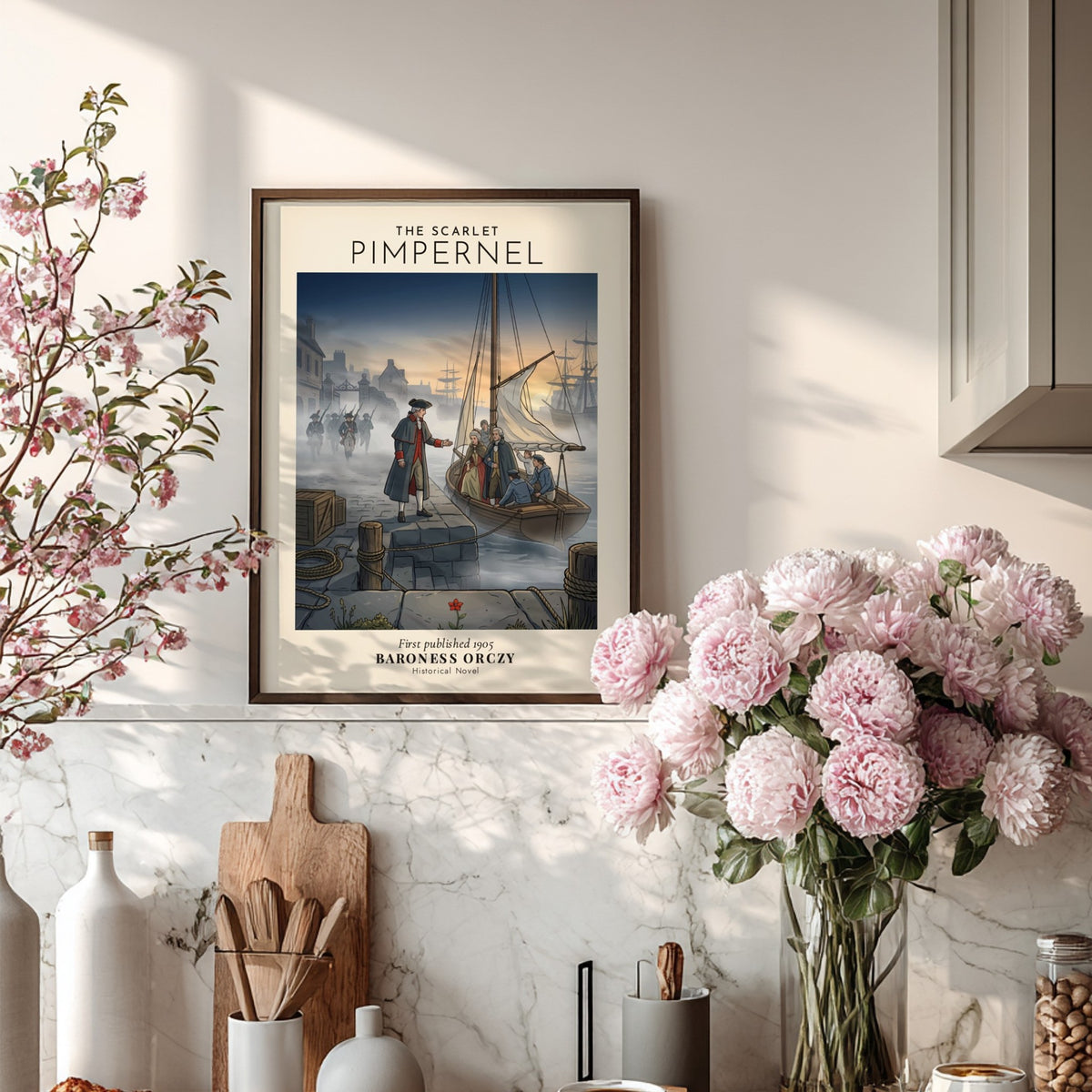 Poster featuring The Scarlet Pimpernel title with a boat escaping from soldiers at docks.