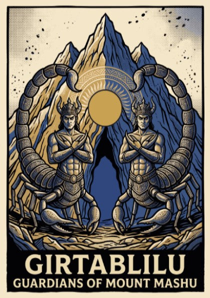 Poster featuring two symmetrical scorpion men guarding the glowing sun over Mount Mashu peaks.