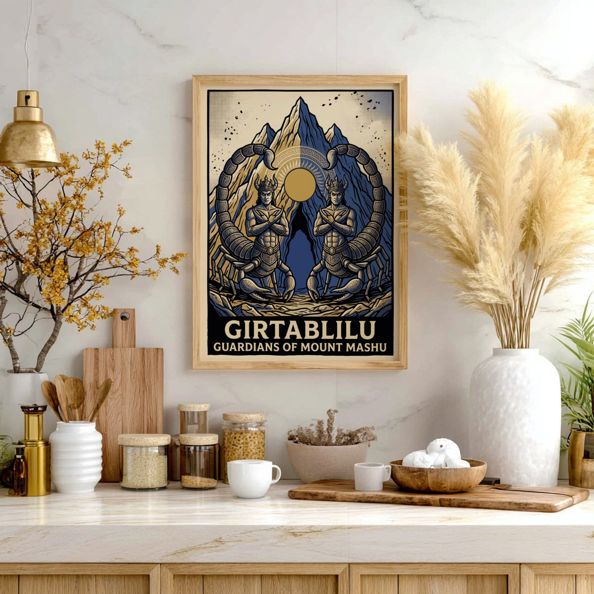 Poster featuring two symmetrical scorpion men guarding the glowing sun over Mount Mashu peaks.