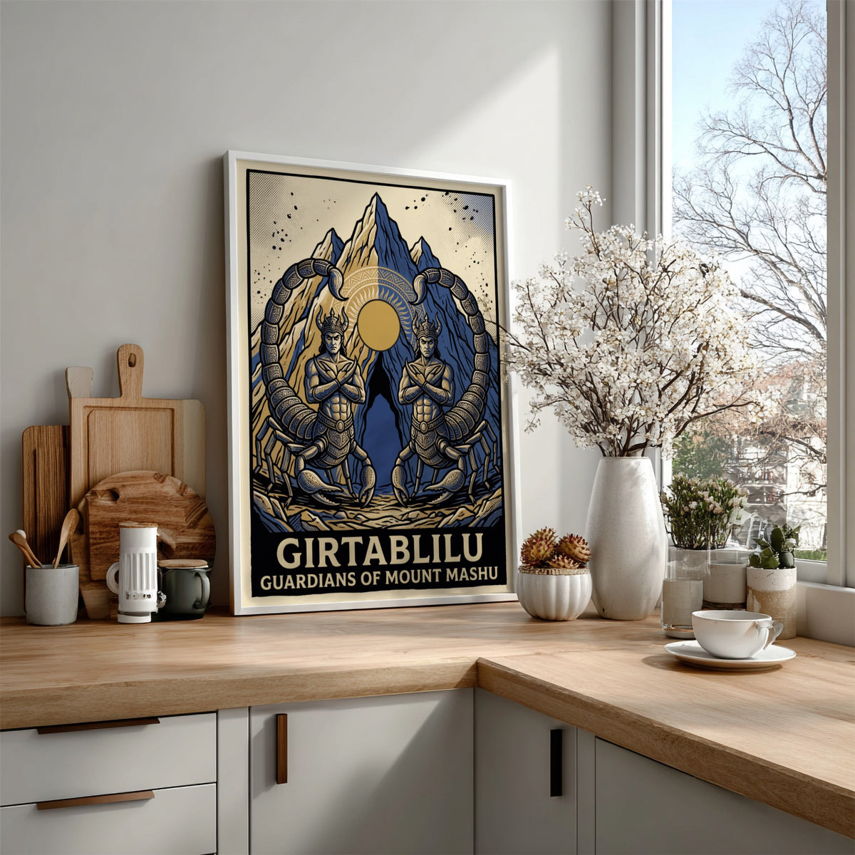 Poster featuring two symmetrical scorpion men guarding the glowing sun over Mount Mashu peaks.