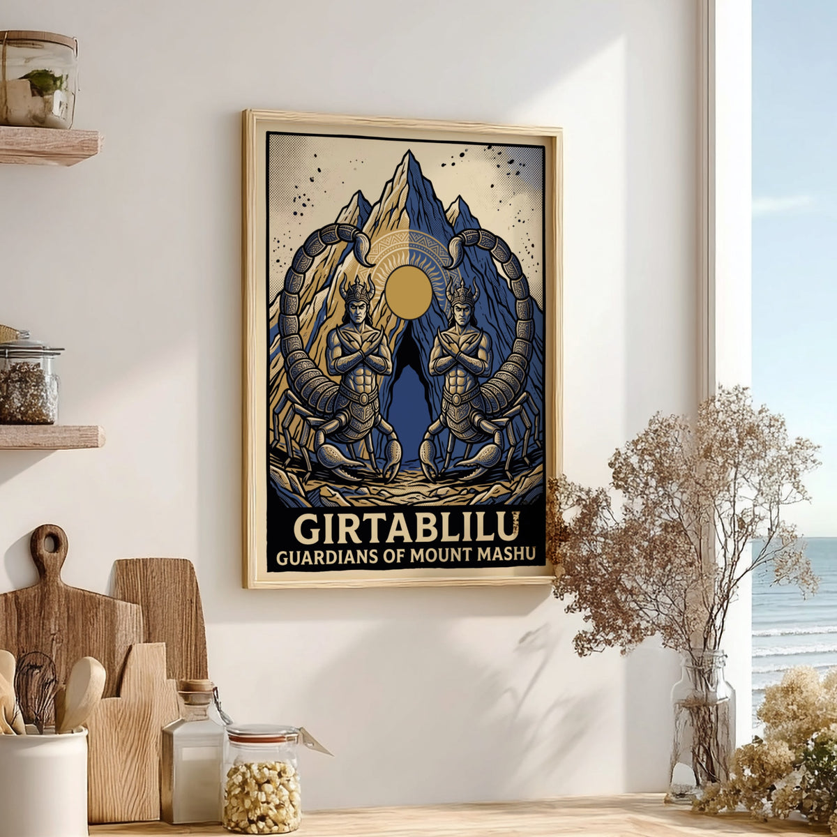 Poster featuring two symmetrical scorpion men guarding the glowing sun over Mount Mashu peaks.