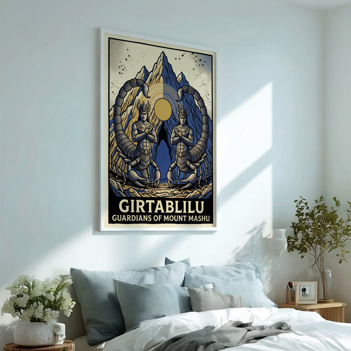Poster featuring two symmetrical scorpion men guarding the glowing sun over Mount Mashu peaks.
