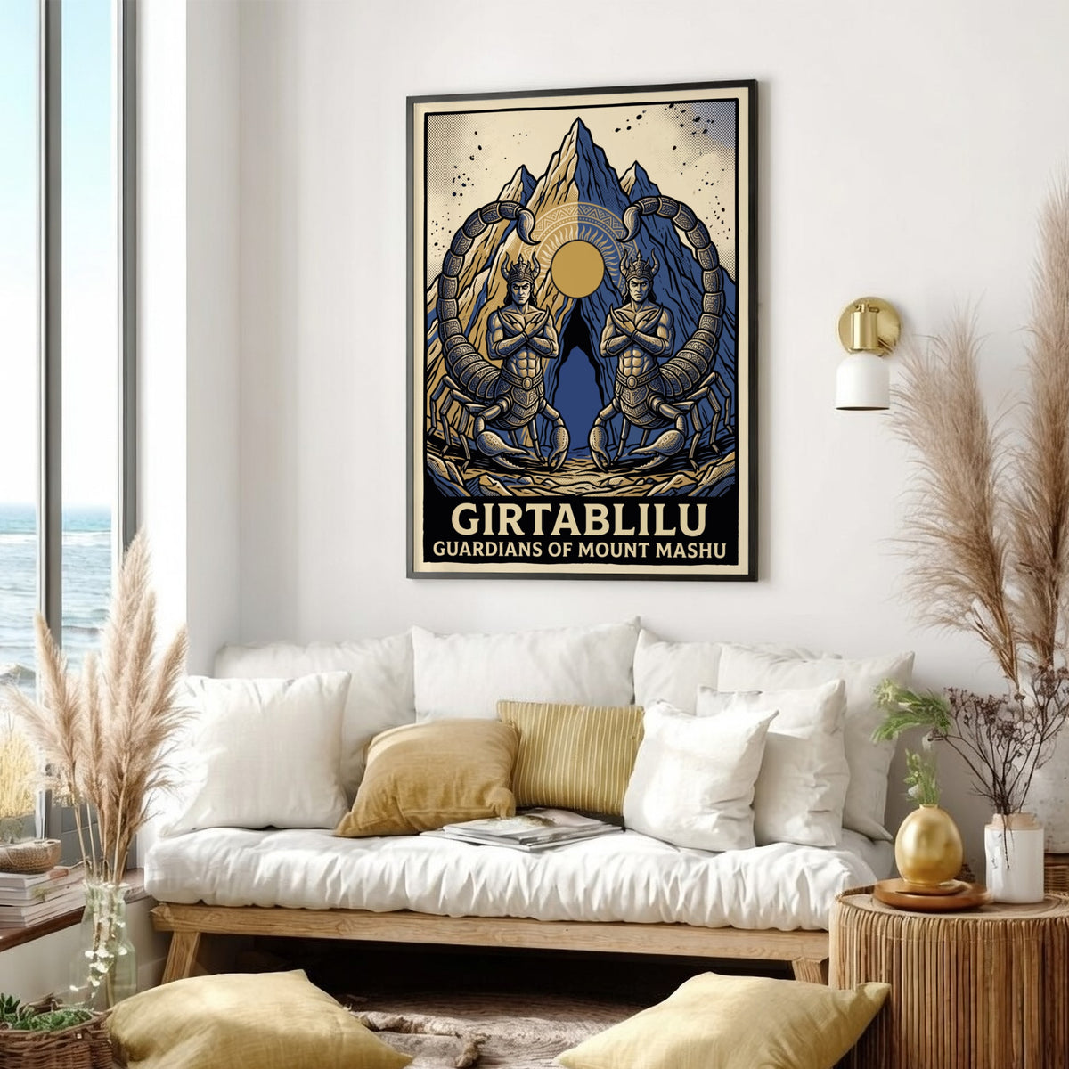 Poster featuring two symmetrical scorpion men guarding the glowing sun over Mount Mashu peaks.
